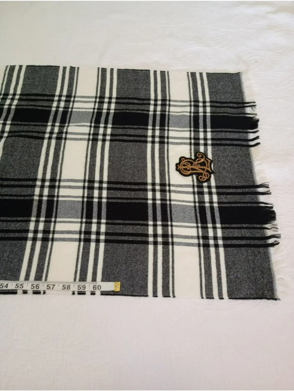 Lauren Ralph Lauren Black White Plaid Scarf Embroidery Fringed Edges